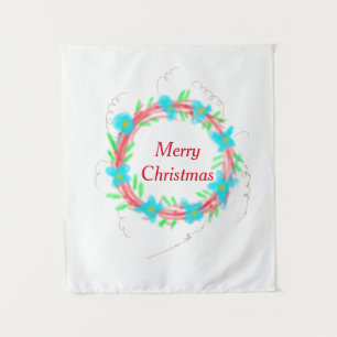 Tenture Joyeux Noël bleu rouge guirlande aquarelle vacance