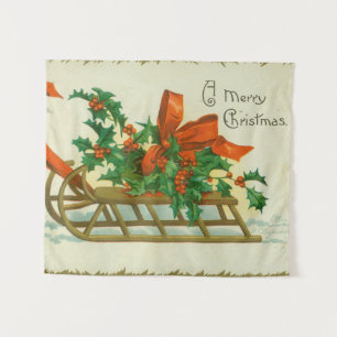 Tenture Joyeux Noël - carte postale vintage, traîneau et h