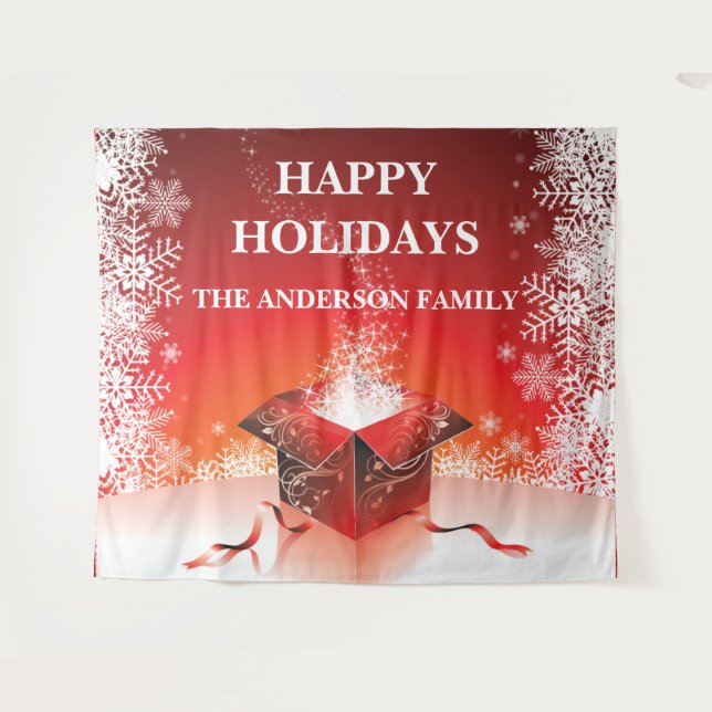 Tenture Joyeux Noël festif cadeau surprise flocons de neig (Devant (Horizontal))