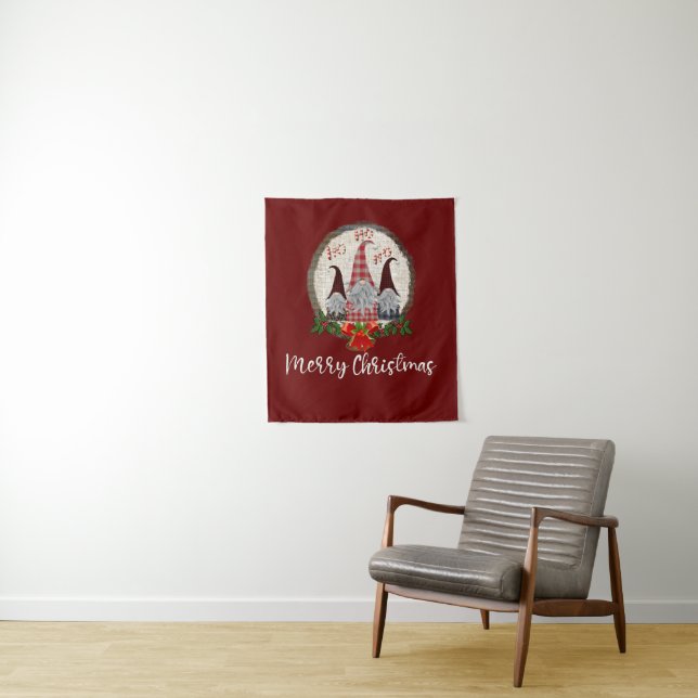 Tenture Joyeux Noël Gnomes Rouge, Rustique, Carreaux, Tend (En situation)