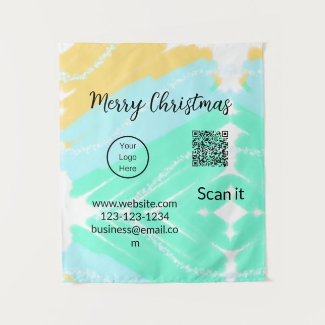 Tenture Joyeux Noël QR code entreprise jaune vert eau (Devant)