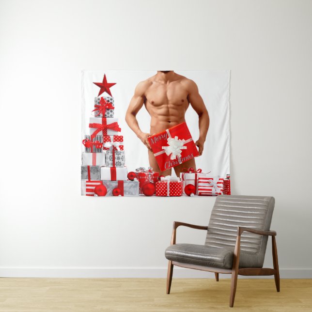 Tenture Joyeux Noël SlipperyJoe rouge blanc argent cadeau (En situation (horizontale))