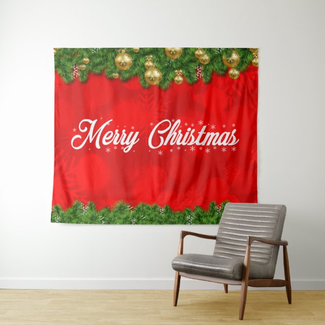 Tenture Joyeux Noël sur fond rouge avec feuillage et décor (En situation (horizontale))