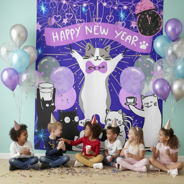 Tenture Joyeux Nouvel An Fête de Chat Fond Bleu et Violet (Créateur téléchargé)