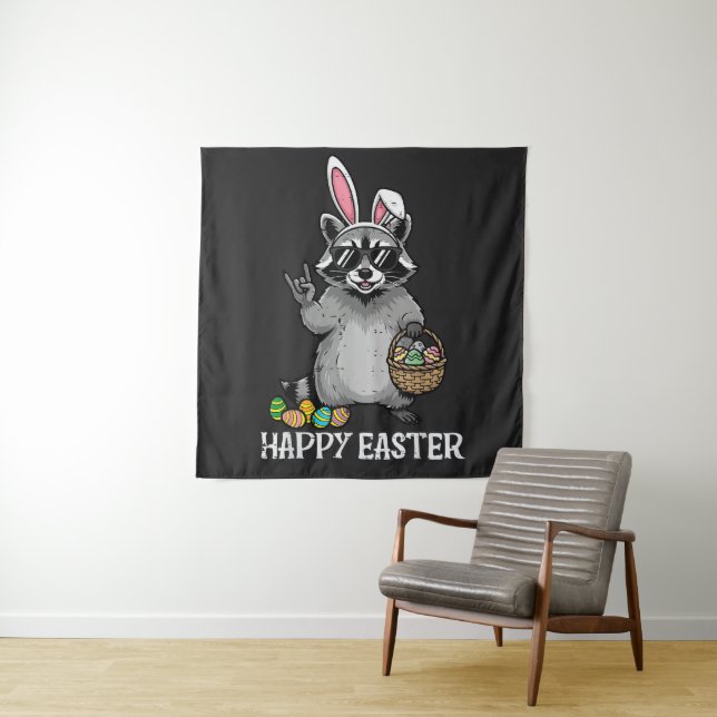 Tenture Joyeux Pâques Raton laveur Lapin (En situation)