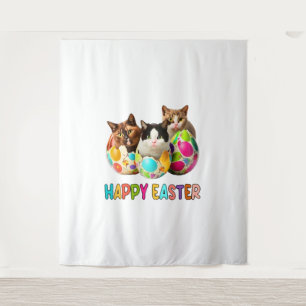 Tenture Joyeux Pâques Trois Chats Coloré Oeufs de Pâques K