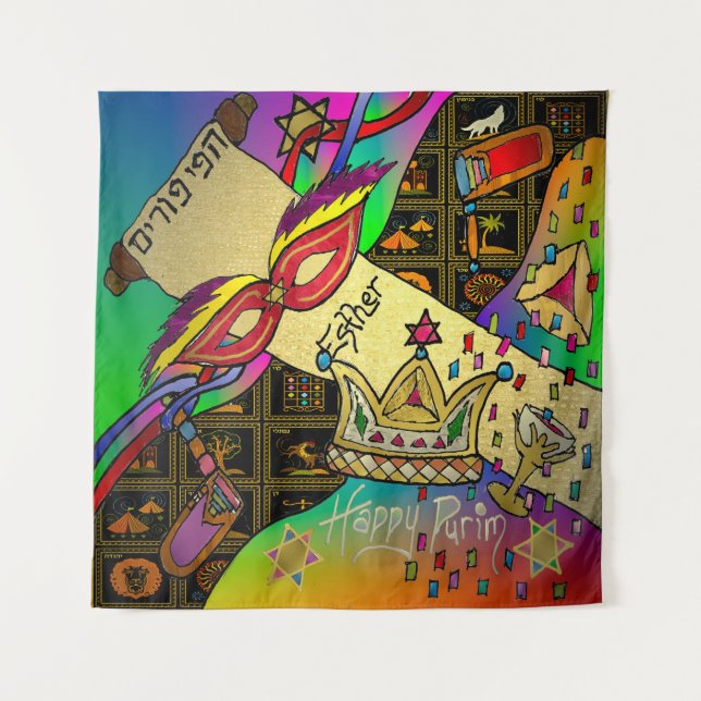 Tenture Judaica Purim Esther Célébration Art Noir Imprimer (Devant)