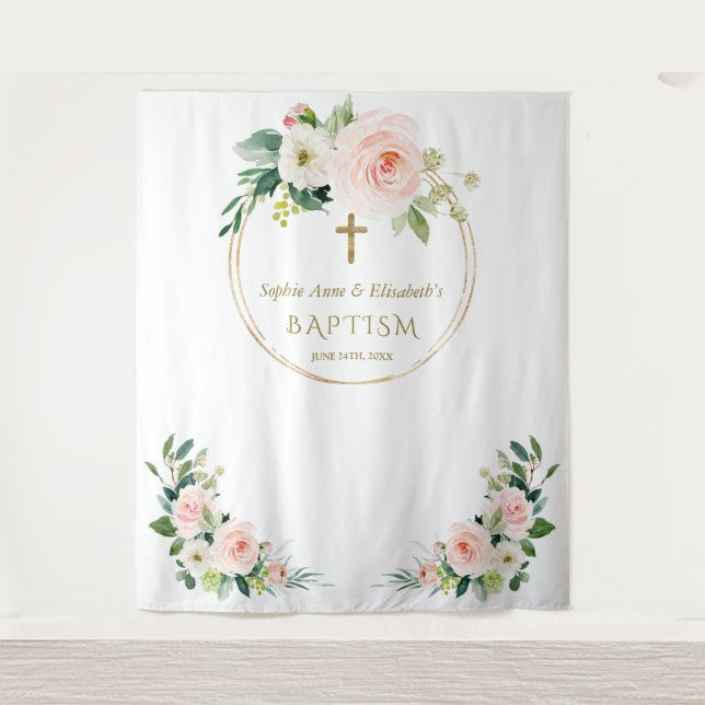 Tenture Jumeaux Fleurs Rose Blanc Baptême Or Accessoire Ph (Devant)
