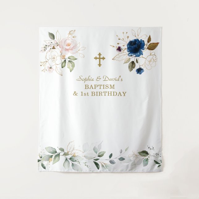 Tenture Jumeaux Fleurs Rose Bleu 1er Anniversaire Baptême  (Devant)