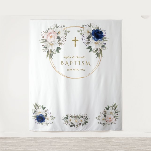 Tenture Jumeaux Fleurs Rose Bleu Baptême Cadre Photo Or  (Devant)