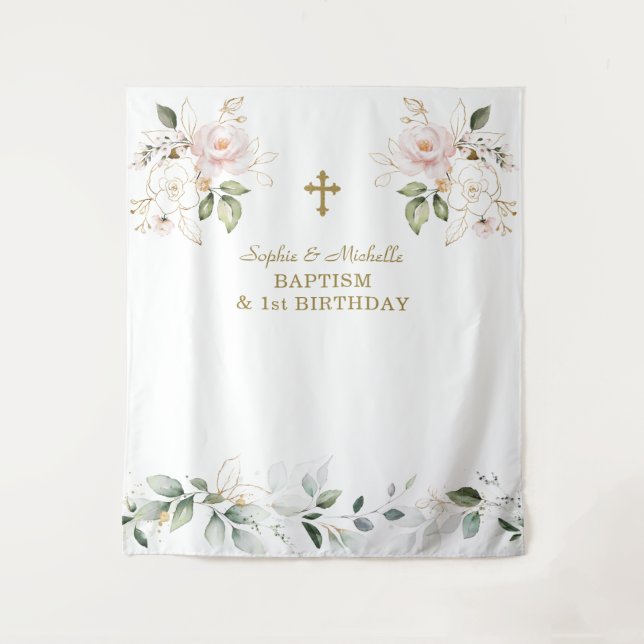 Tenture Jumelles Fleurs Roses Filles 1er Anniversaire Bapt (Devant)