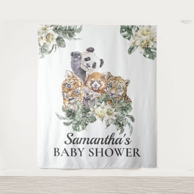 Tenture Jungle Cute Animaux Monogramme Baby shower tropica (Devant)