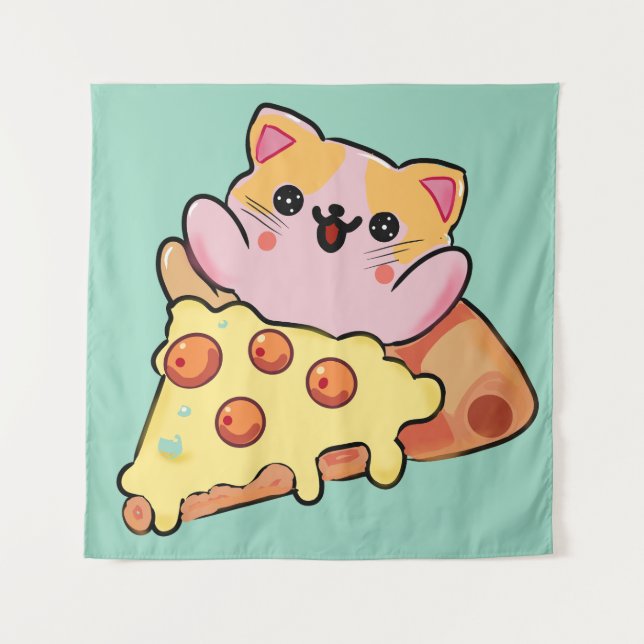Tenture Kawaii Cat Hugging Pepperoni Pizza Cartoon (Devant)