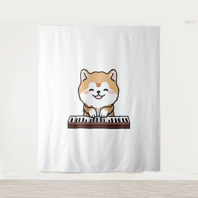 Tenture Kawaii Chien mignon Jouer Piano Clavier (Devant)