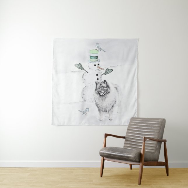 Tenture Keeshond Noël Snowman Peinture Chien Art (En situation (horizontale))