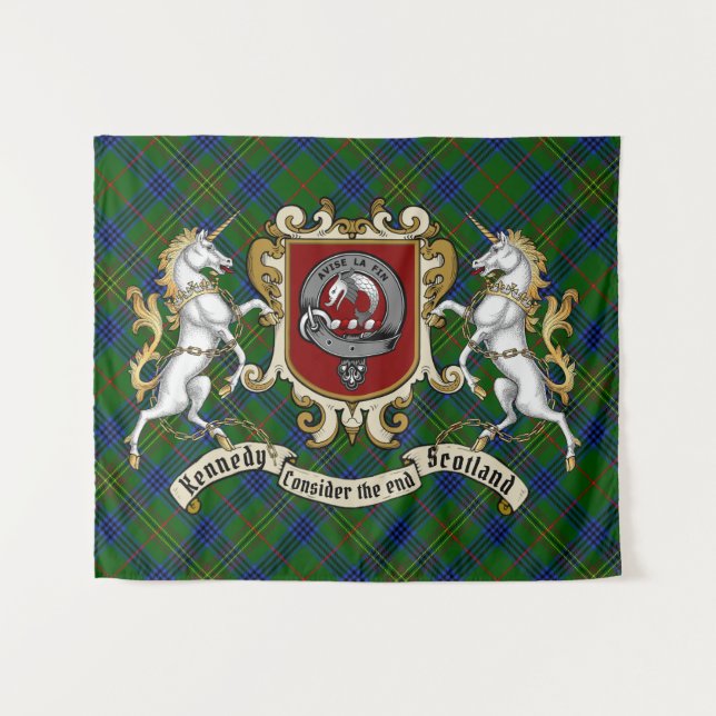 Tenture Kennedy Clan Badge & Unicorns avec Tartan (Devant (Horizontal))