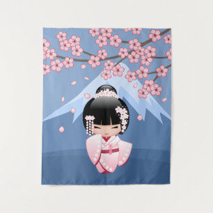 Tenture Kimono rose Kawaii Kokeshi Poupée Montagne sur fon