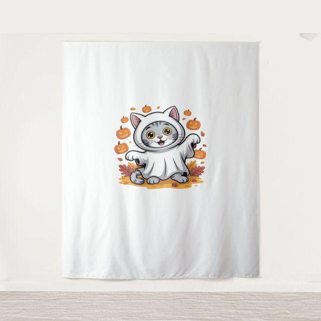 Tenture Kitten habillé comme un fantôme pour Halloween cla (Devant)