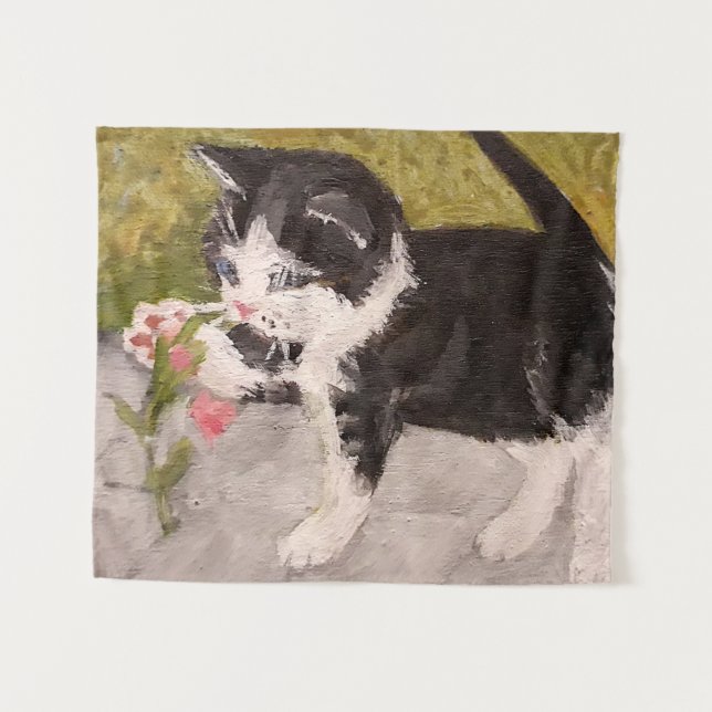 Tenture Kitten Jouer avec Fleur rose (Devant (Horizontal))