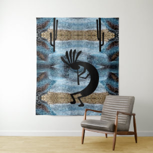 Tenture Kokopelli Sud-Ouest Désert Mosaïque Bleu 68 x 80