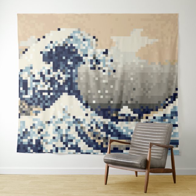 Tenture La Grande Vague de Kanagawa 8 Bit Pixel Art (En situation (horizontale))