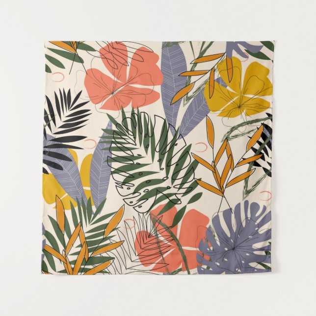Tenture La motif originale avec feuilles tropicaux et plan (Devant)