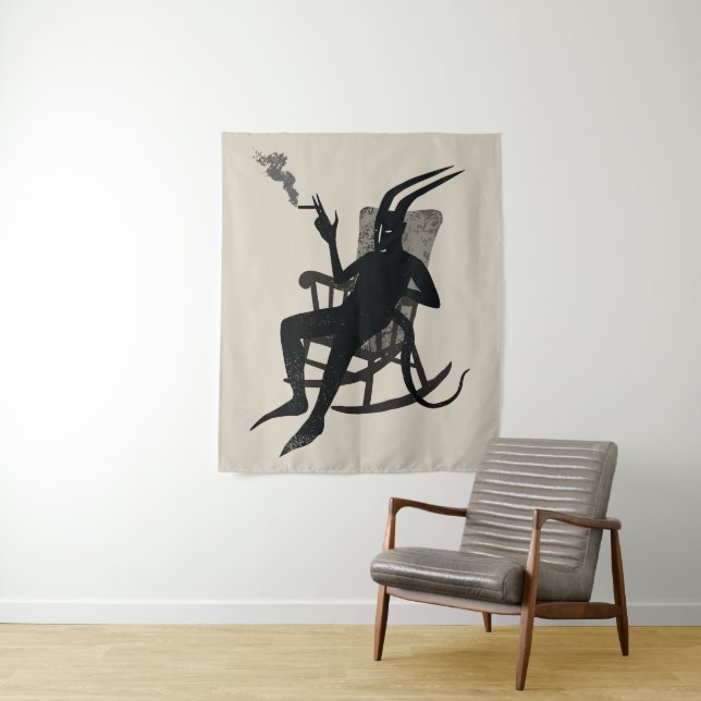 Tenture La Pause du Diable – Œuvre d'art murale à l'humour (En situation)
