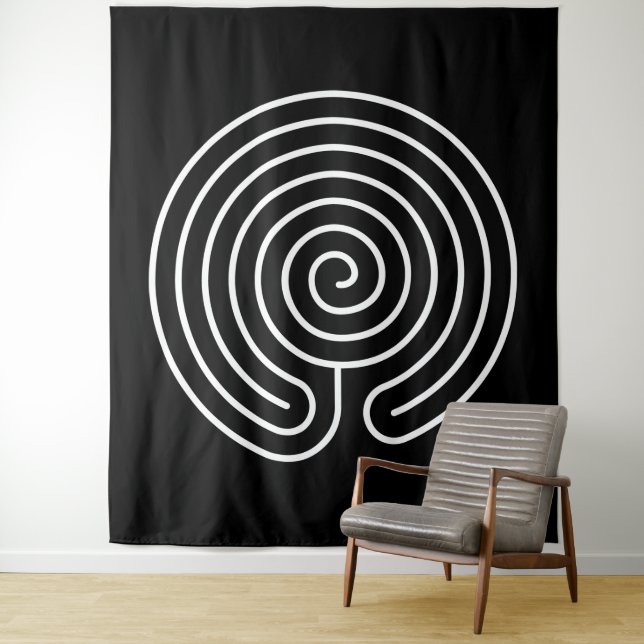 Tenture Labyrinthe blanc sur fond noir (En situation)