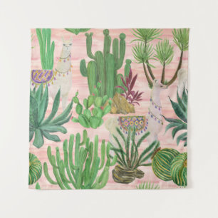 Tenture Lamas aquarelle et motif cactus.