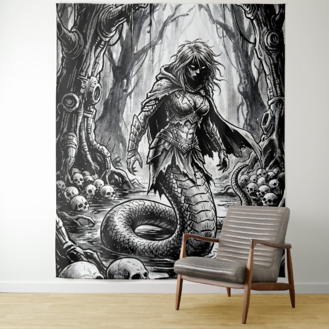 Tenture Lamia the Serpent Queen of Skulls (En situation)