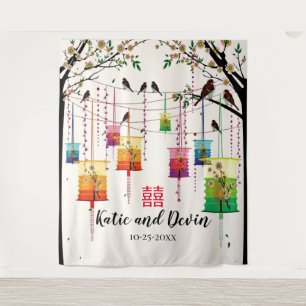 Tenture Lampions Colorés Arbre Oiseaux Mariage Chinois