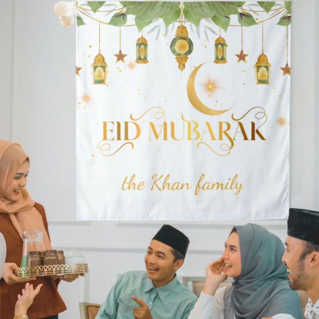 Tenture Lanternes dorées et blanches personnalisées Eid Mo (Celebrate Eid with this elegant white + gold moon, stars + lanterns "Eid Mubarak" tapestry! )
