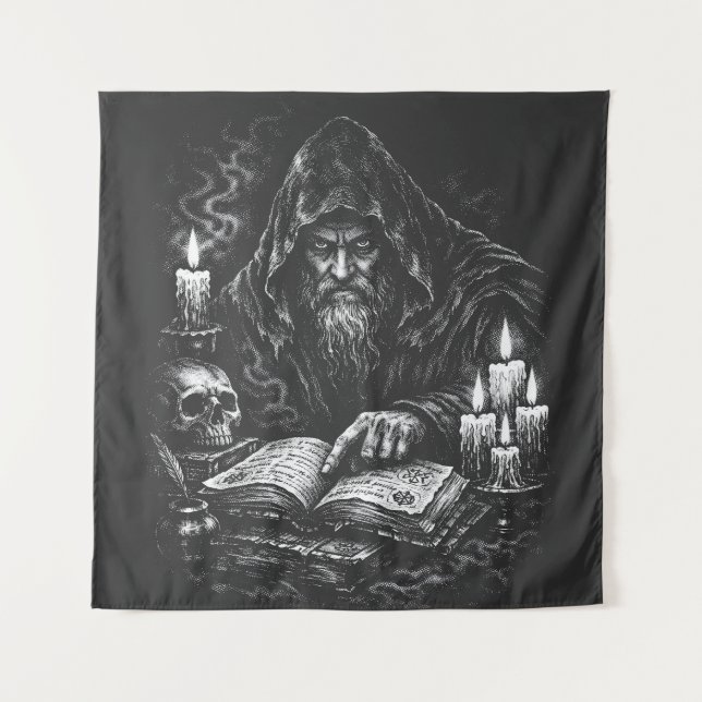 Tenture Le Magicien Étudiant le Grimoire — par BurnsInHell (Devant)