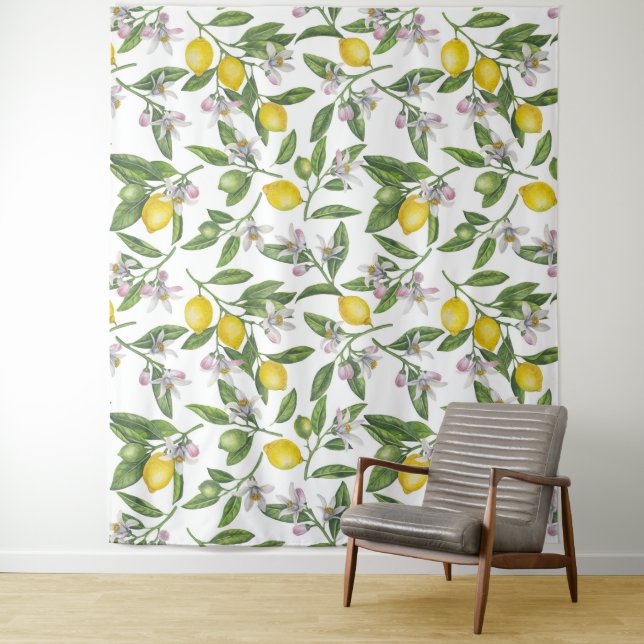 Tenture Lemon branches with blossoms and fruit on white (En situation)