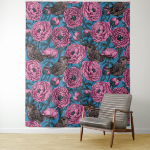 Tenture Les pivoines et les brindilles sur le bleu