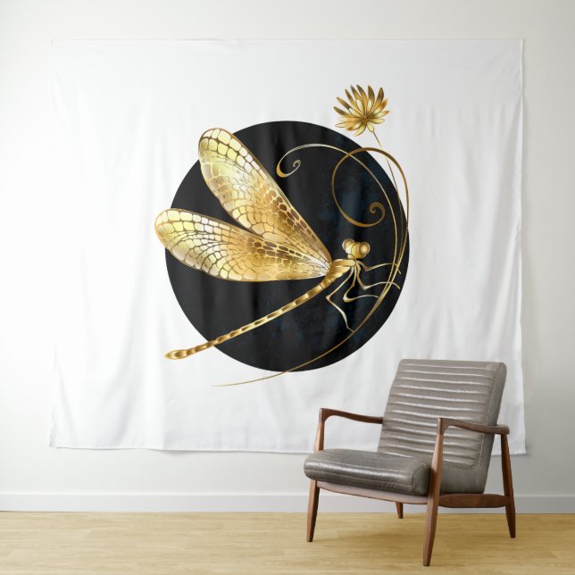 Tenture libellule d'or en cercle noir (En situation (horizontale))