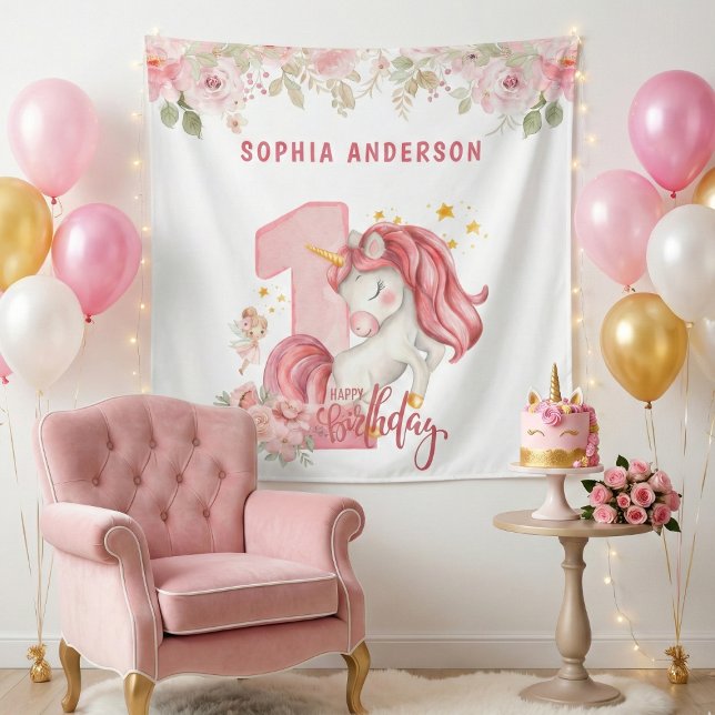 Tenture Licorne 1er Anniversaire Fille Rose (Créateur téléchargé)