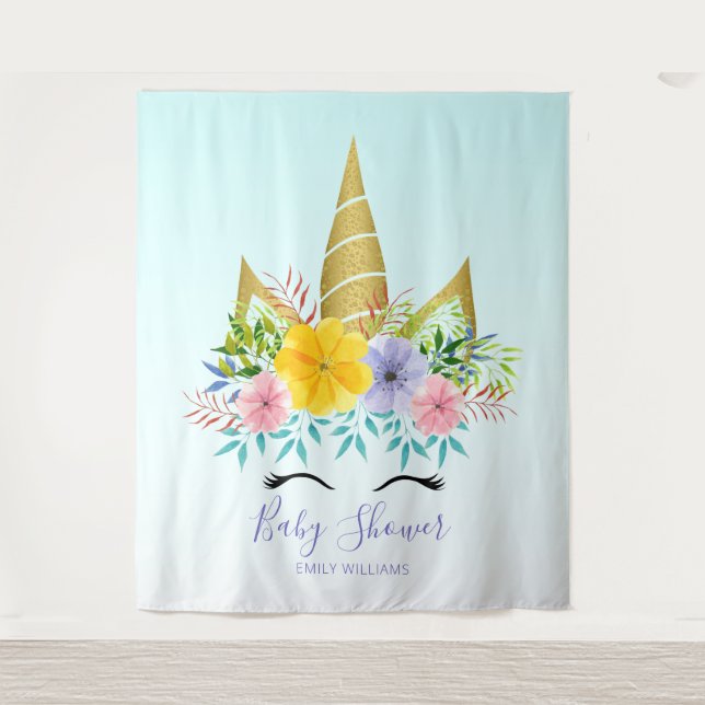 Tenture Licorne florale dorée pour baby shower (Devant)