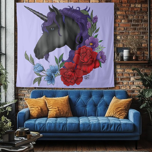 Tenture Licorne noire fleurs de jardin de minuit violet (Créateur téléchargé)