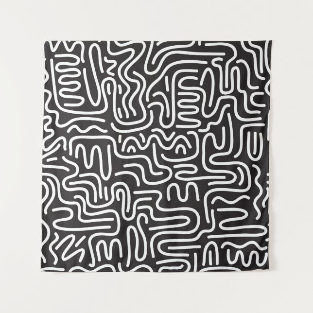 Tenture Lignes ondulées de doodle rétro : Monochrome (Devant)