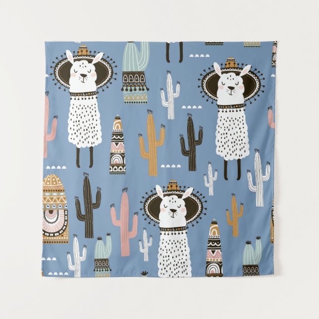 Tenture Llama, Cactus, Motif d'éléments à main. (Devant)