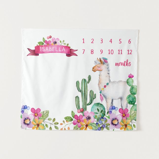 Tenture Llama et Cactus Floral Baby Name Milestone Photo (Devant (Horizontal))