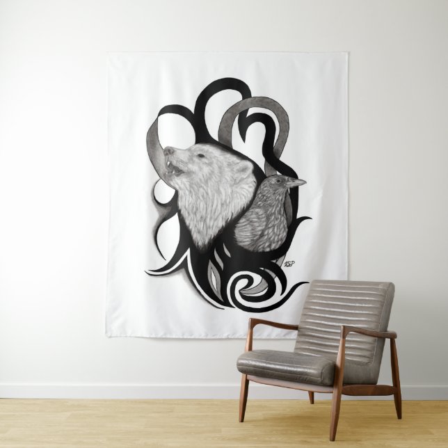 Tenture Loup blanc avec art tribal coréen (En situation)