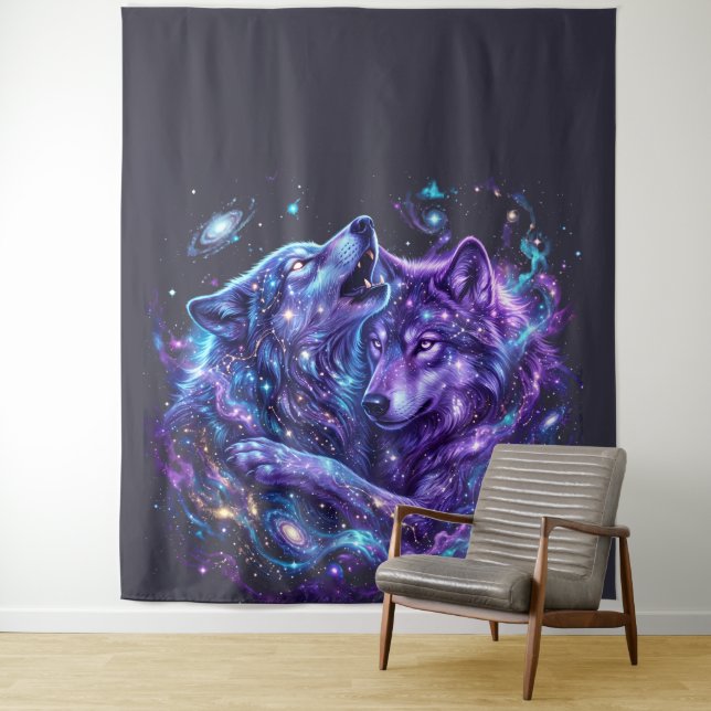Tenture Loup de l'espace artistique galactique mystique -  (En situation)
