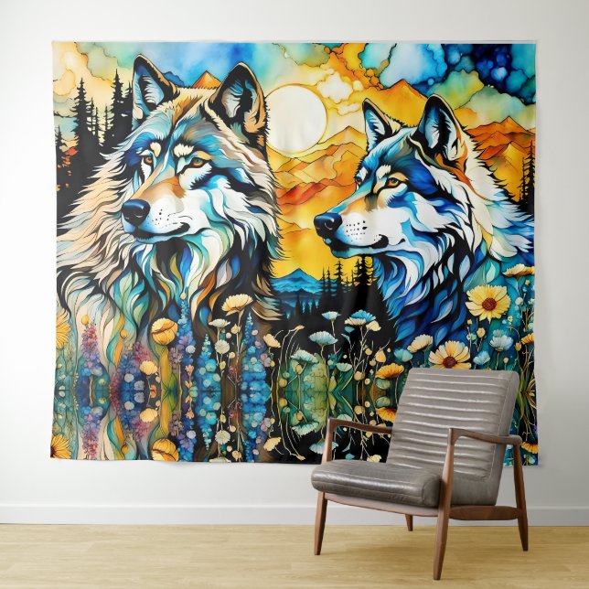 Tenture Loup gris et Fleurs sauvages (En situation (horizontale))
