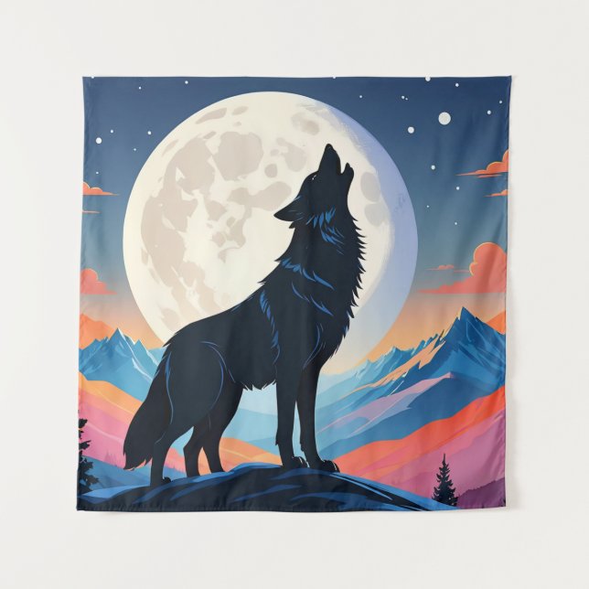 Tenture Loup hurlant à la lune (Devant)