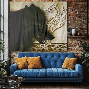 Tenture Loup noir dragon celtique entrelacs fantastique