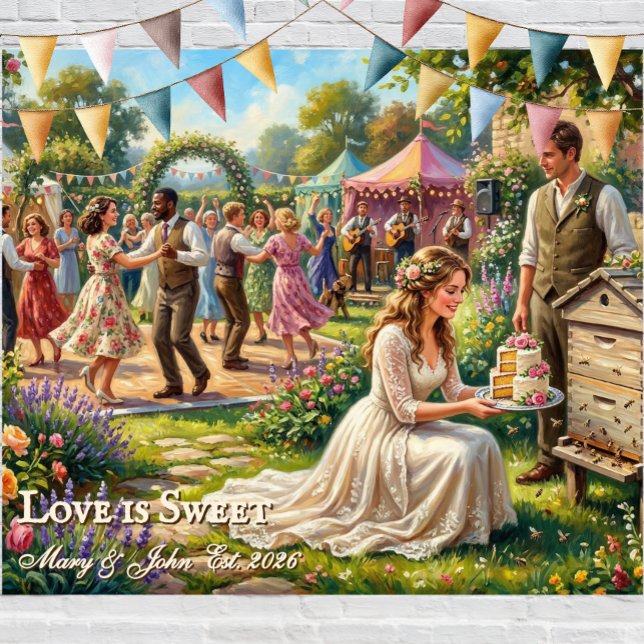 Tenture Love is Sweet Bee Wedding Keepsake Sign (fabric wedding tapestry. whimsical painted scene of a summer garden wedding reception with a bride)