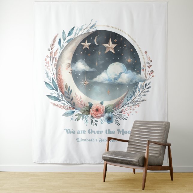 Tenture Lune céleste et étoiles pour une fête prénatale à  (En situation)