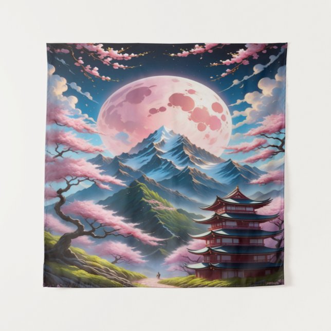 Tenture Lune rose et pagode de fleurs de cerisier : anime  (Devant)